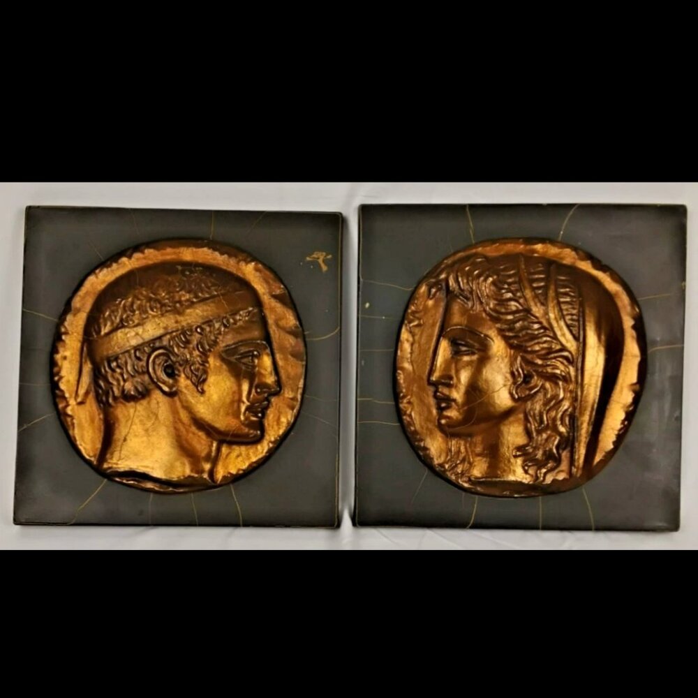 Vintage Turner MCM Greek Coin Relief Wall Plaques Pair 1950s-60s